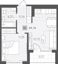 1-комн. квартира, 39.8 м²