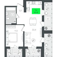1-комн. квартира, 59.8 м²
