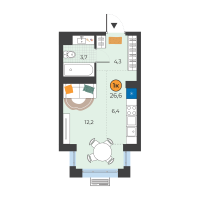 Студия, 26.6 м²