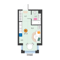 Студия, 27.3 м²