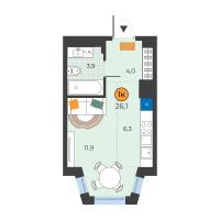 Студия, 26.1 м²