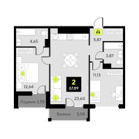 2-комн. квартира, 61.2 м²