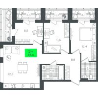 2-комн. квартира, 85.6 м²
