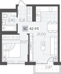 1-комн. квартира, 43 м²