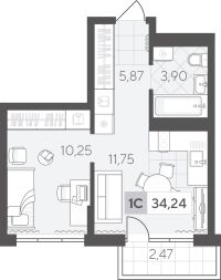 1-комн. квартира, 34.2 м²