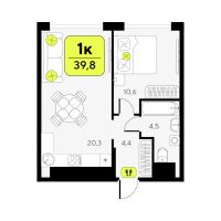 1-комн. квартира, 39.8 м²