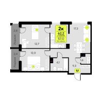 2-комн. квартира, 57 м²