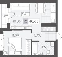 1-комн. квартира, 40.6 м²