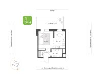 1-комн. квартира, 34.4 м²