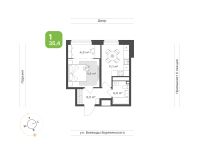 1-комн. квартира, 35.4 м²