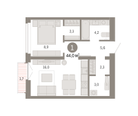 1-комн. квартира, 44 м²