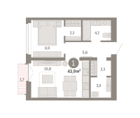 1-комн. квартира, 43.9 м²