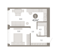 1-комн. квартира, 42.9 м²