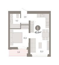 1-комн. квартира, 42.6 м²
