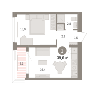 1-комн. квартира, 39.6 м²