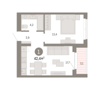 1-комн. квартира, 42.4 м²
