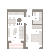 1-комн. квартира, 41.8 м²