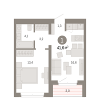 1-комн. квартира, 41.6 м²