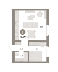 1-комн. квартира, 41.1 м²
