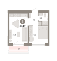 1-комн. квартира, 36.3 м²