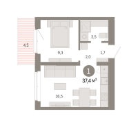 1-комн. квартира, 37.4 м²