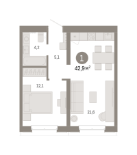 1-комн. квартира, 42.9 м²