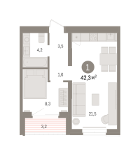1-комн. квартира, 42.3 м²