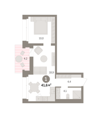 1-комн. квартира, 41.6 м²