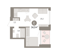 Студия, 34.5 м²