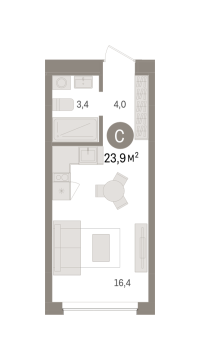 Студия, 23.9 м²