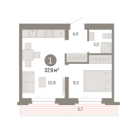 1-комн. квартира, 37.9 м²
