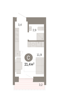 Студия, 21.4 м²