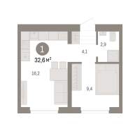 1-комн. квартира, 32.6 м²