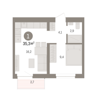 1-комн. квартира, 35.3 м²
