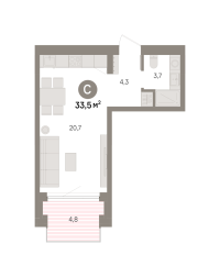 Студия, 33.5 м²
