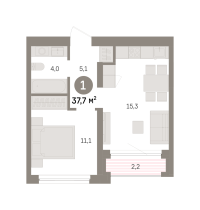 1-комн. квартира, 37.7 м²