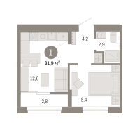 1-комн. квартира, 31.9 м²