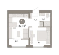 1-комн. квартира, 32.3 м²
