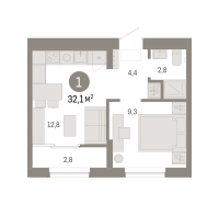 1-комн. квартира, 32.1 м²