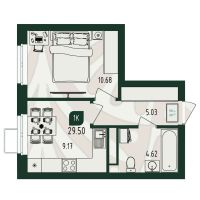 1-комн. квартира, 29.5 м²