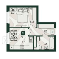 1-комн. квартира, 29.1 м²