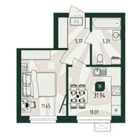 1-комн. квартира, 31.9 м²