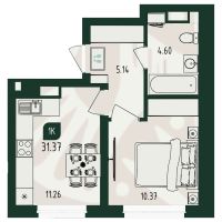 1-комн. квартира, 31.4 м²