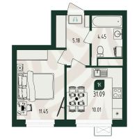 1-комн. квартира, 31.1 м²