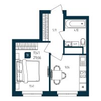 1-комн. квартира, 29.7 м²