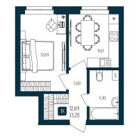 1-комн. квартира, 33.2 м²