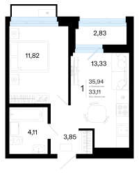 1-комн. квартира, 35.9 м²