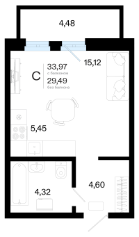 Студия, 34 м²