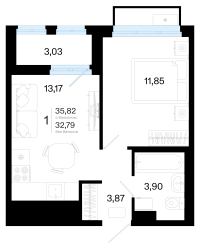 1-комн. квартира, 35.8 м²
