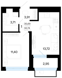 1-комн. квартира, 35.7 м²